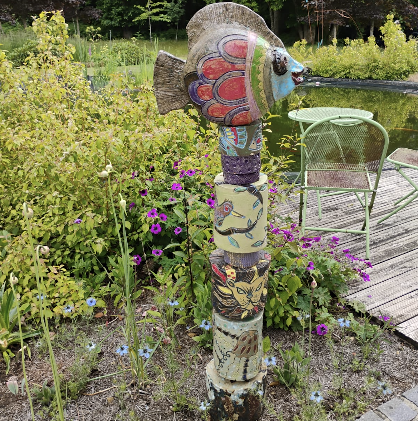 Katie Netley ceramic fish topped totem pole sculpture